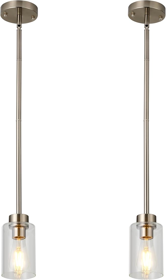 Kitchen Island Pendant Lighting Adjustable Hanging Ceiling Lamp Brushed Nickel Finish with Clear Glass Shade for Bar Dining Room Corridor Living Room Bedside 2Pack