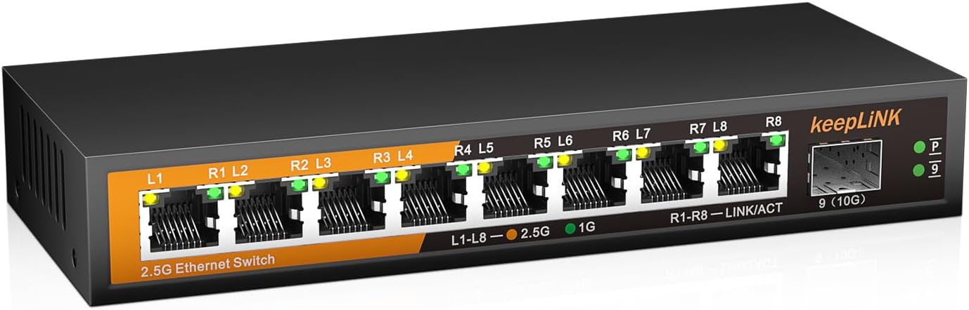 8 Port 2.5G Switch Unmanaged, Ethernet Switch with 8 x 2.5G Base-T Ports, 1 x 10G Base-T SFP Slot, 60Gbps Switching Capacity, Plug & Play, Fanless Metal, Wall Mountable
