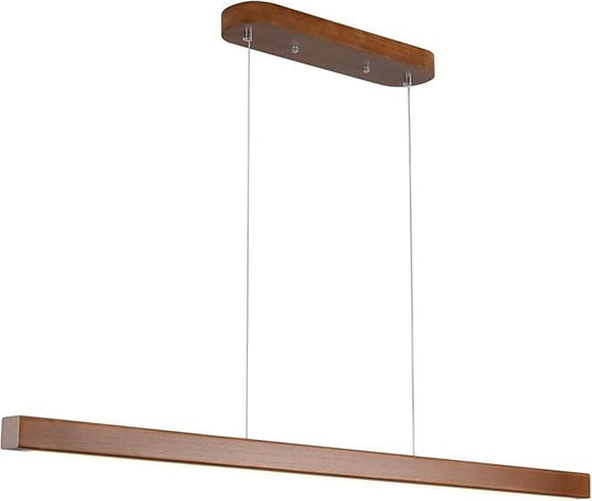 31.5" Wood Linear Pendant Light – Dimmable LED Chandelier with Remote, Adjustable Modern Farmhouse Lighting for Kitchen Islands, Dining Rooms & Bars Walnut Color (19W Energy-Efficient)