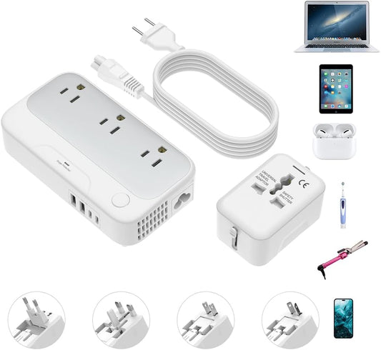 Universal Voltage Converter us to Europe, 220v to 110v Power Travel Converter Combo, 250W Step Down European Adapter 220 to 110 for UK Italy, Transformer European Travel Plug for Curly Hair Stick