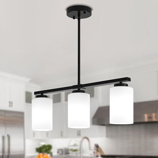 3-Light Modern Island Lights for Kitchen, Black Dining Room Light Fixtures Farmhouse Linear Chandeliers Over Table, White Frosted Glass Adjustable Hanging Light Kitchen Pendant Lighting Over Island