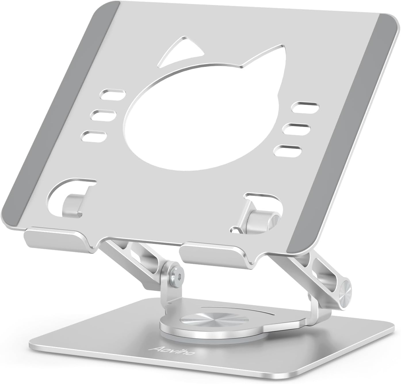 Tablet Stand 360° Rotating Aluminum Holder, Adjustable, Portable and Foldable Monitors Stand for iPads, Compatible with 4-12.9" Tablets, Silver