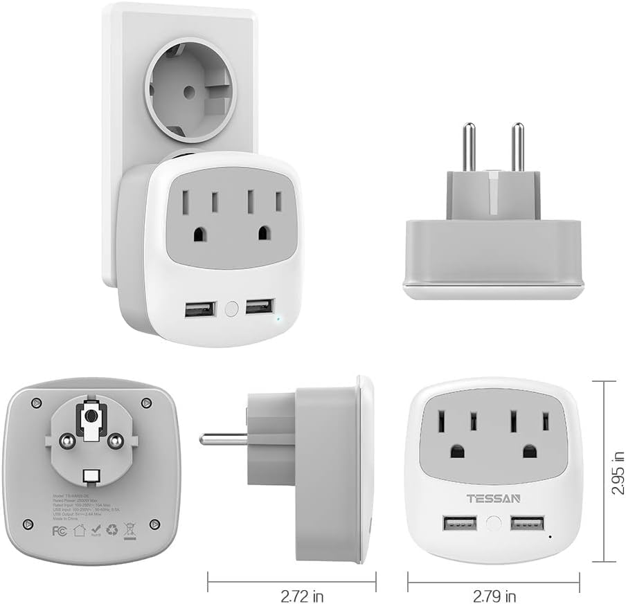 TESSAN Germany France Power Adapter, Schuko Type E/F Plug Adaptor with 2 USB Ports 2 AC Outlets, US to Europe German Frence Spain Iceland Russia Greece Korea Electrical Charger(2 Pack)