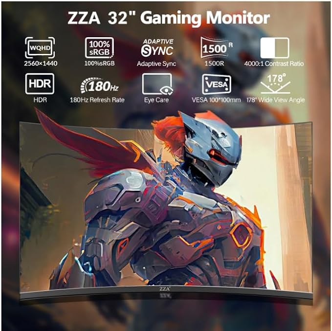 ZZA 32 Inch Monitor,1440p,2K 165Hz, 1ms Response Time,Computer Monitor FreeSync & G-Sync, HDR10, 122% sRGB Coverage, DP/HDMI, PC Monitor VESA Mount Compatible