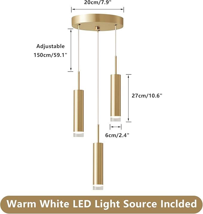 KCO Lighting 3-Light Gold Cylinder Kitchen Island Pendant Light Brushed Brass Metal Long Tube Bar Cluster Pendant Lighting Industrial Farmhouse Adjustable Hanging Ceiling Light Fixture