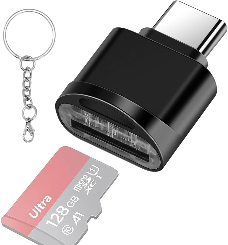 leizhan Type C Micro SD Card Reader with Keychain, USB C to Micro SD SDHC SDXC OTG Memory Reader, Type-C Card Reader Adapter Compatible for MacBook Windows Lixus Samsung Galaxy - Black