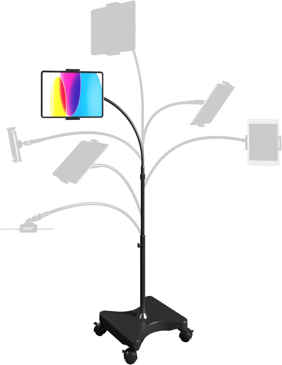 LEVO Adjustable Tablet & Phone Floor Stand with Multi-Axis Head, Hourglass Base & Locking Casters – Premium Rolling Gooseneck Mount, Stable Weighted Design, Fits Devices 4-13 Inch, Height 30-60 in