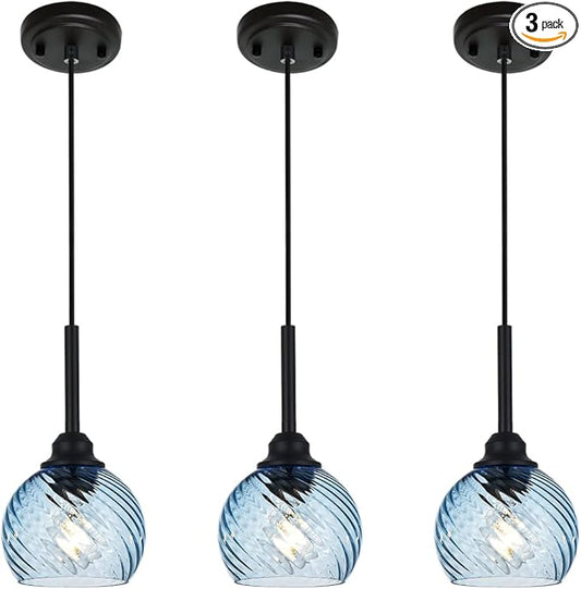 3 Pack Dining Room Light Fixture with Blue Striped Swirl Globe Glass, Stylish Kitchen Island Hanging Pendant Light Black for Bar Hallway Bedroom, 1-Light