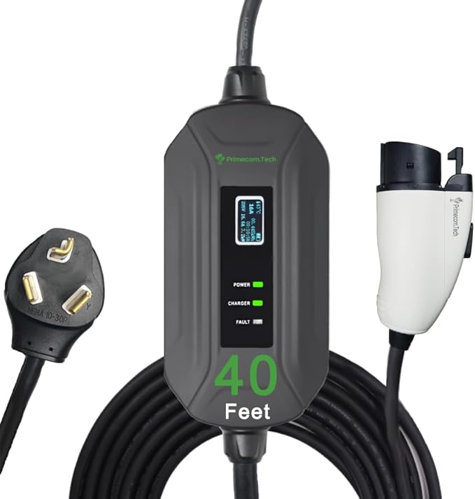 PRIMECOM Level 2 Electric Vehicle (EV) Charger (220V / 240Volt, 16Amp) Portable EVSE Smart Electric Car Charger, 30', 40', and 50 Feet Lengths (NEMA 10-30P, 40 Feet)