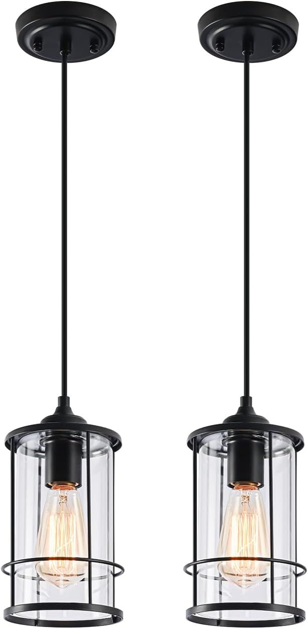 Pendant Lights, Black Hanging Light Fixtures Kitchen Island 2 Pack with Clear Glass, Modern Industrial Cage Pendant Lighting for Kitchen Dining Room Entryway Bathroom