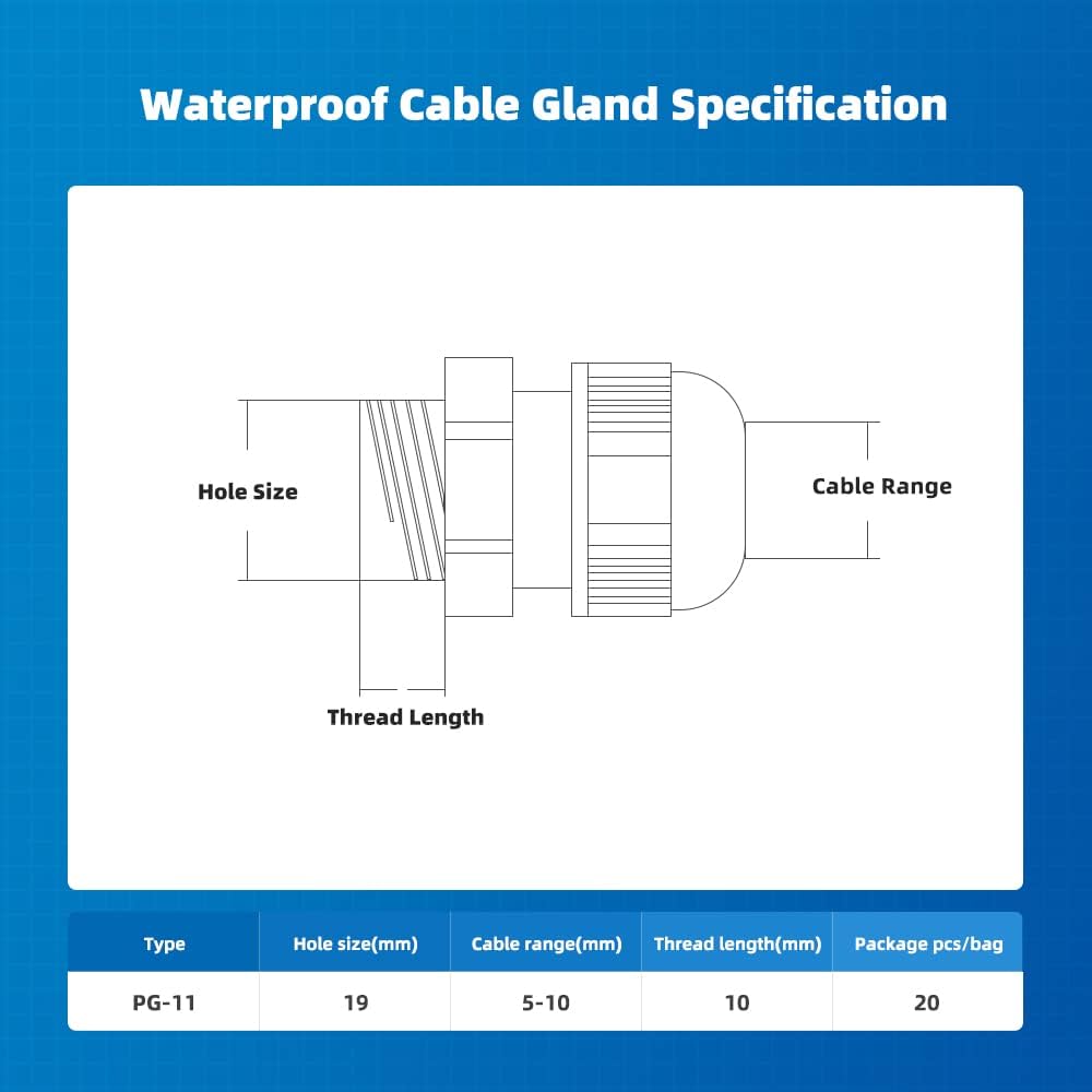 Cable Gland 20 Pack Plastic Waterproof Adjustable Connector 5-10mm PG11 Strain Relief Cord Connectors Joints Nylon with Gaskets