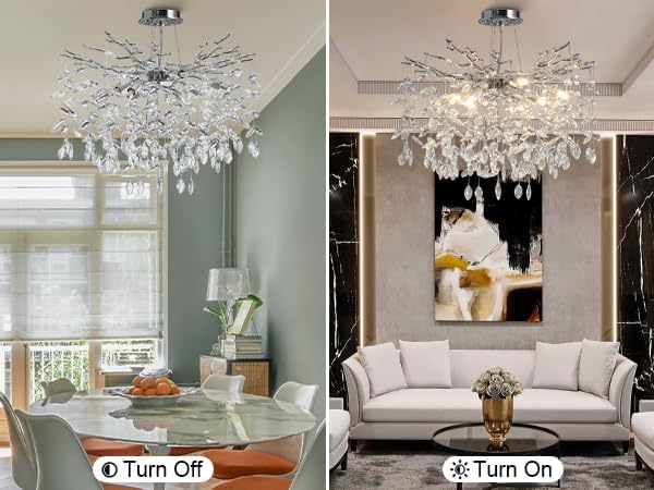 Modern Crystal Chandelier, 23.6" Silver Tree Branch Chandelier, 8-Lights Round Contemporary Luxury Raindrop K9 Crystal Pendant Light Fixture for Dining Room Living Room Foyer Entryway Bedroom Kitchen