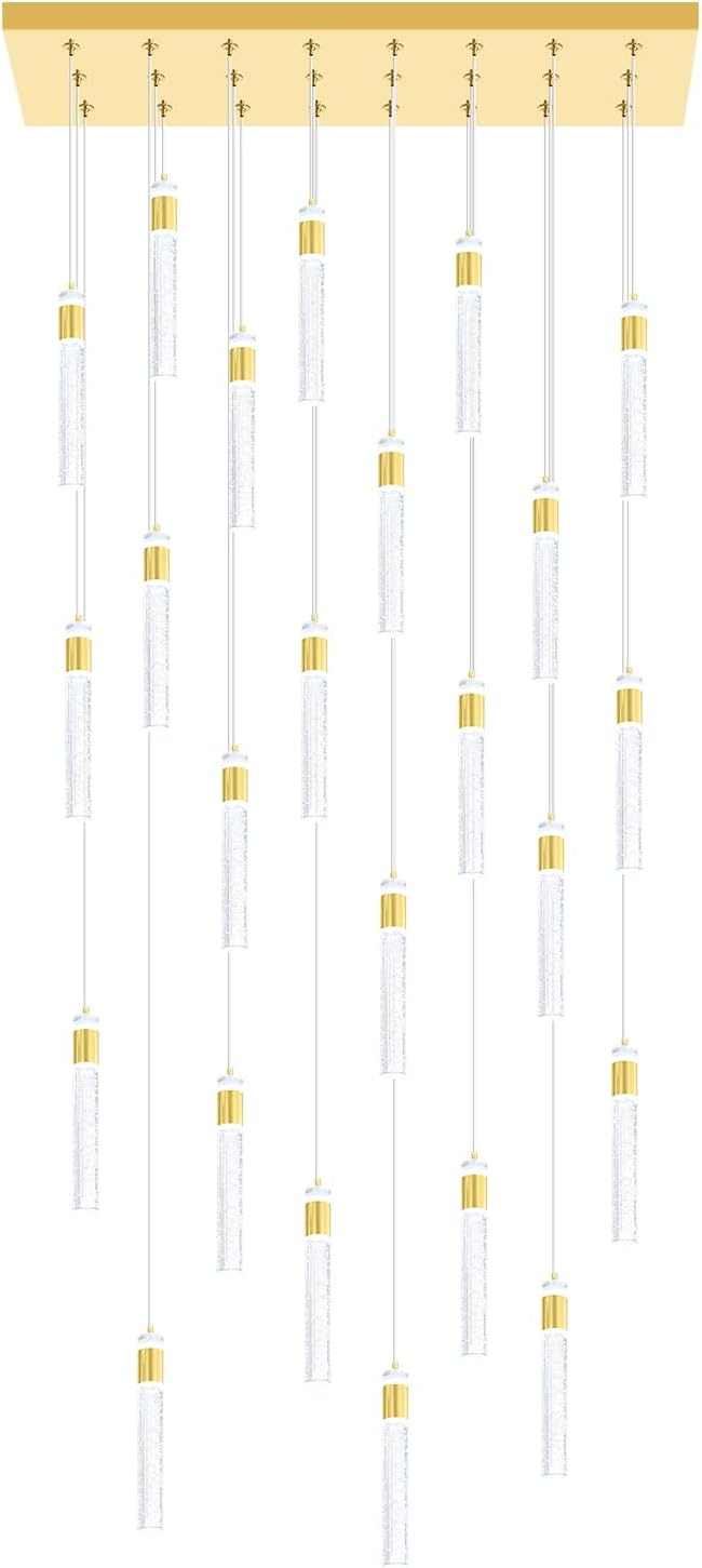 Glam Rectangular Crystal Column Chandelier for High Ceiling 24-Lights Gold LED Dimmable Pendant Light for Kitchen Island Dining Room Entrance Foyer Living Room Adjustable Height