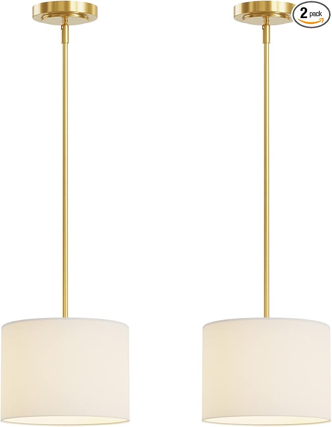 Electro bp;9" Dia White Linen Drum Shade Hanging Pendant Light Fixture with Polished Gold Pole Kit,E26,Hardwired,2-Pack;