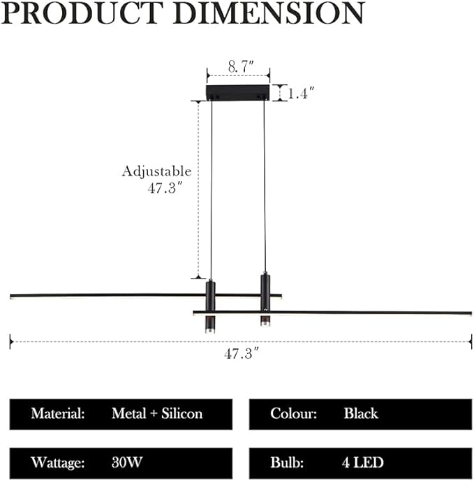 Modern LED Chandelier47.3 Black Kitchen Island Pendant Light Fixtures Linear Pendant Lighting with Remote Dining Rooms Living Room Dimmable 3000K-6000K