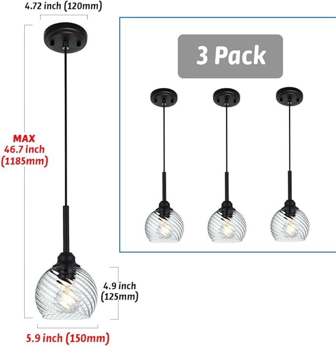 3 Pack Dining Room Light Fixtures Hanging with Clear Striped Swirl Globe Glass, Stylish Kitchen Island Hanging Pendant Light Black for Bar Hallway Bedroom, 1-Light