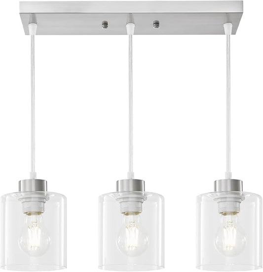 3-Light Brushed Nickel Pendant Light Fixtures with Clear Glass, Hanging Light Fixture for Ceiling, Adjustable Kitchen Island Light for Dinning Room, Bedroom,Hallway, E26 Base, Bulbs Not Included