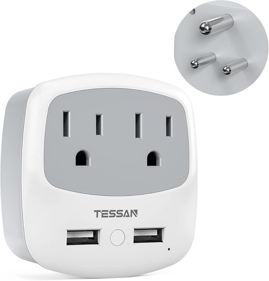 TESSAN US to India Plug Adapter, Type D Travel Adaptor with 2 USB Charger Ports 2 American Outlets, USA to Indian Power Adapter for Nepal Bangladesh Maldives Pakistan Tanzania Sri Lanka