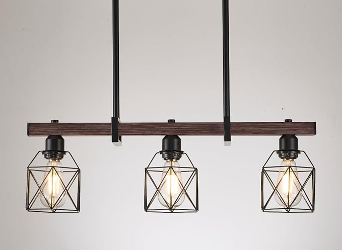 Industrial Pendant Light Fixture, 3-Light Kitchen Island Lighting with Wood Grain Bar and Black Metal Cage, Farmhouse Rustic Hanging Ceiling Lamp for Dining Room, Living Room