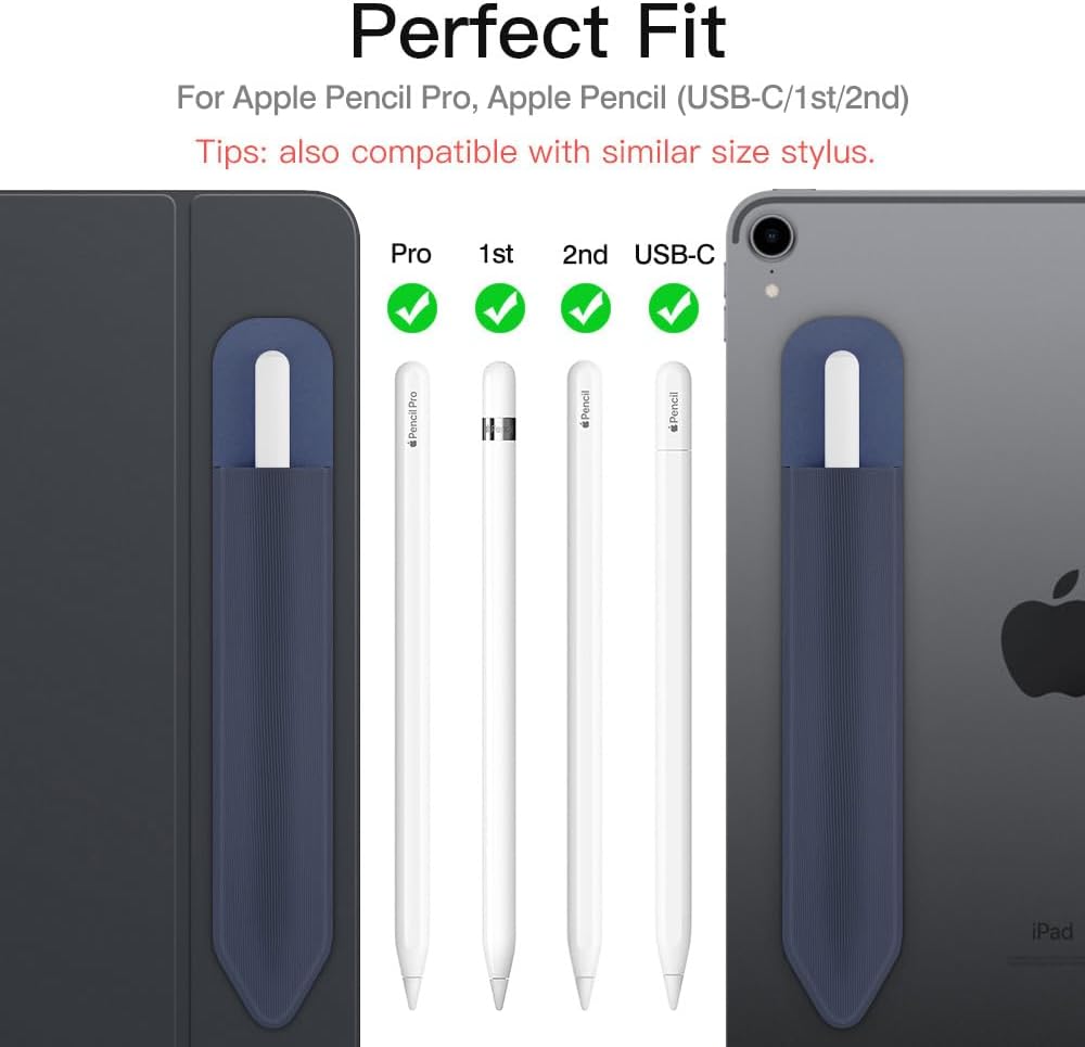 MoKo Pencil Holder Sticker Fit Apple Pencil Pro, Apple Pencil (USB-C), Apple Pencil 1st/2nd Generation, Elastic Pencil Pocket Pouch Adhesive Sleeve Attached to iPad Case for Stylus Pens,Indigo
