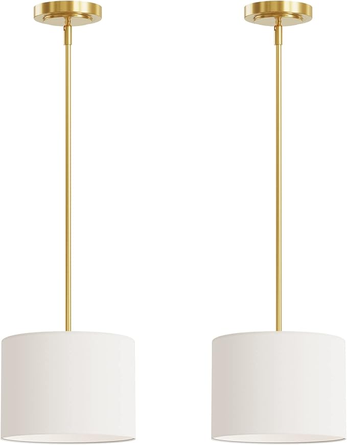 Electro bp;9" Dia White Linen Drum Shade Hanging Pendant Light Fixture with Polished Gold Pole Kit,E26,Hardwired,2-Pack;