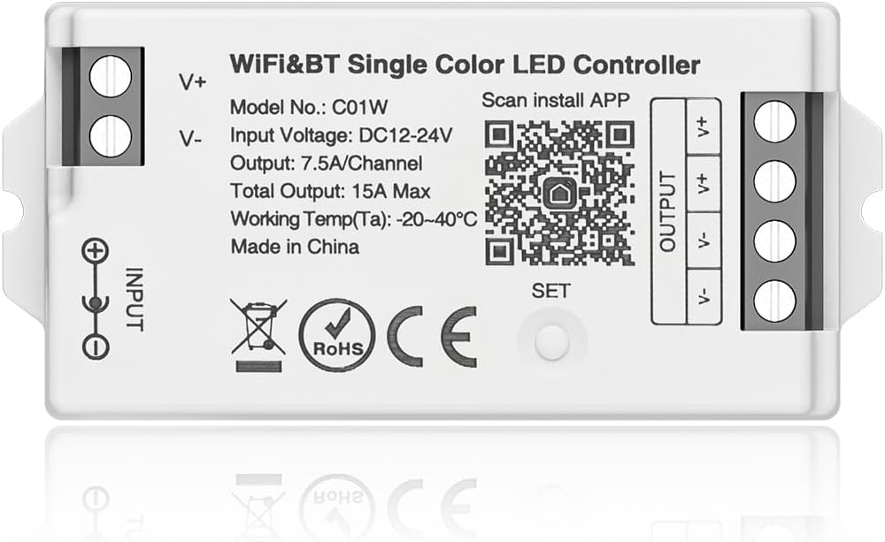 BTF-LIGHTING C01W Monochrome PWM (+V -V) 2PIN LED Strip Dim Brightness 2.4GHz Tuya WiFi Group Controller Alexa Google Home Smartphone APP Control Compatible with WR02RF RC01RFB Remote