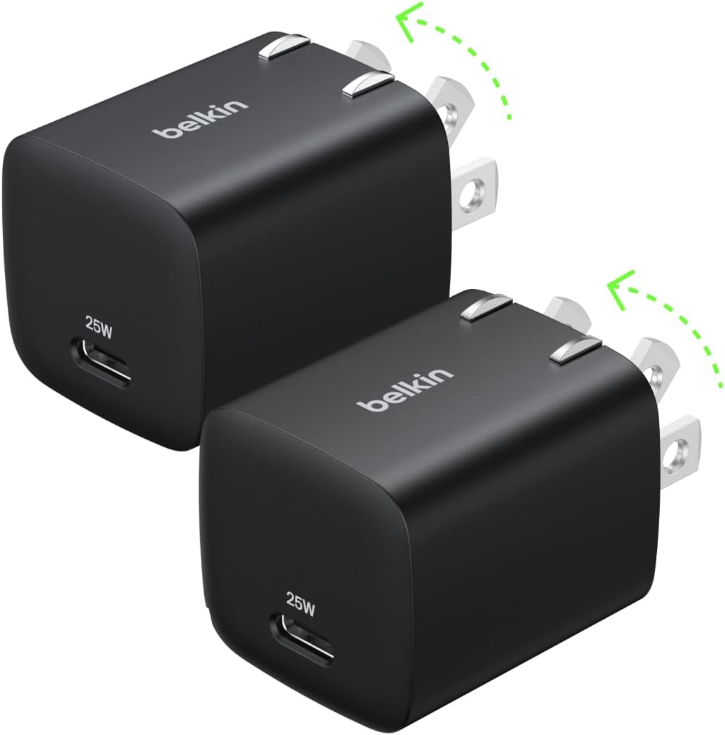 Belkin USB C Charger Block 25W (2 Pack) – PD3.0 PPS Super Fast Charging - Samsung Galaxy S25, S24, Apple iPhone 16, iPhone 15/14/13 Plus, Pro, Pro Max, Google Pixel 9, Nintendo Switch, etc - Black