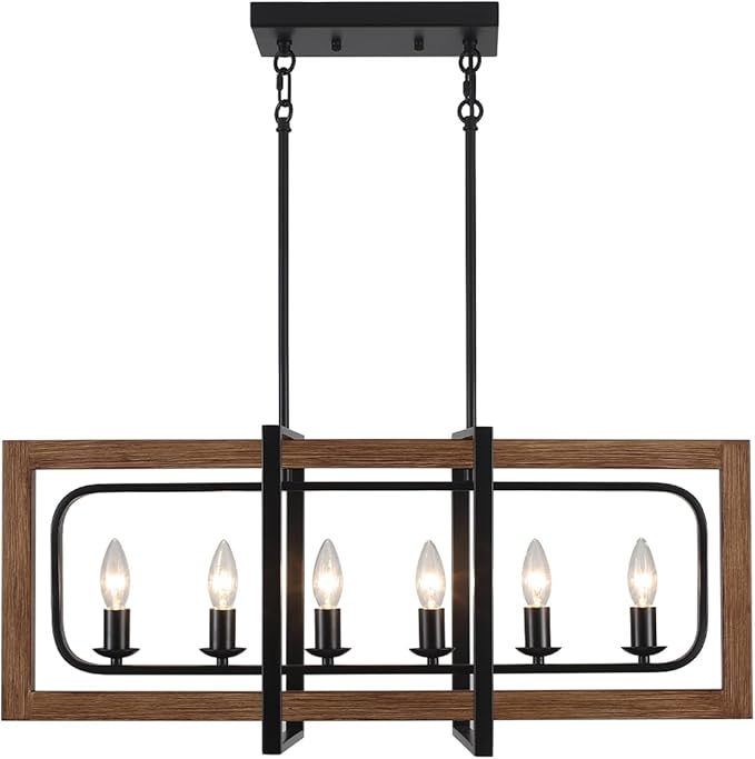 Farmhouse Dining Room Light Fixtures Over Table, 6-Light Rustic Wood Chandeliers Rectangle Kitchen Island Lighting Hanging Pendant Lights Kitchen Chandelier Adjustable Height