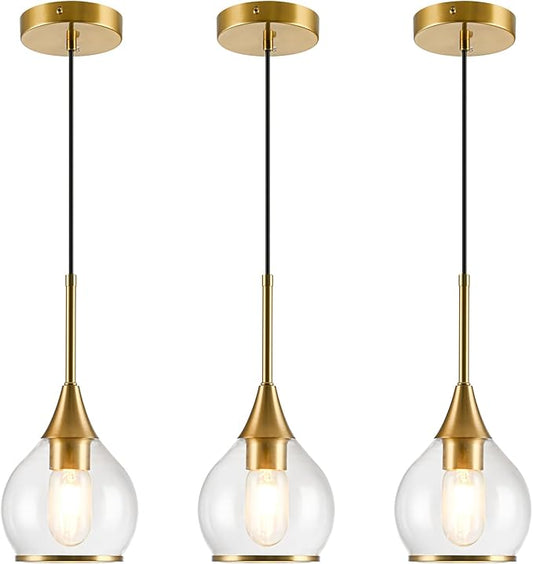 3 Pack Island Light for Kitchen, 1-Light Gold Kitchen Island Hanging Pendant Light, Brushed Gold Dining Room Light Fixture Over Table with Clear Round Glass Shades