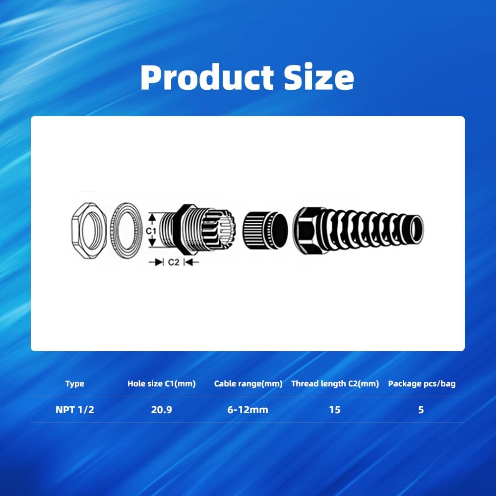 Strain Relief Cord Connector, CGELE 5 Pack NPT 1/2" Waterproof Cable Gland Cord Grip Spiral Adjustable Connector Strain Relief Cord Connectors Joints Nylon with Gaskets