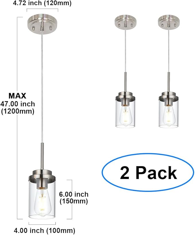 MELUCEE 2 Pack Pendant Lights Kitchen Island Brushed Nickel Adjustable Hanging Ceiling Lamp with Clear Glass Shade, Modern Glass Pendant Lights for Dining Table Hallway Living Room