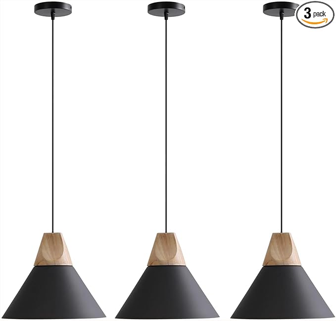 Pendant Light,Solid Wood Ceiling Hanging Lamp,Modern Matte Black Pendant Lighting for Kitchen Island Dining Room Coffee Bar (Black-3 Pack)