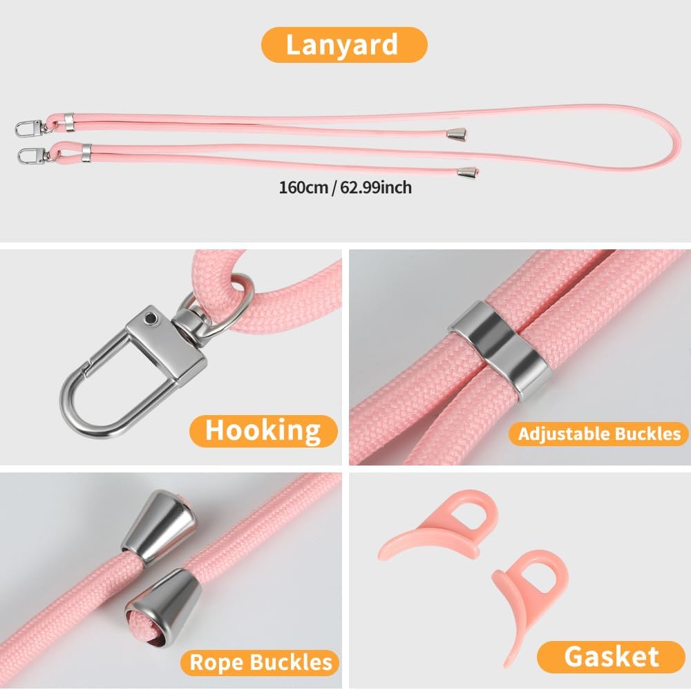 for iPhone 16e Case with Adjustable Phone Lanyard Strap, Compatible with MagSafe, Shockproof Military-Grade Protection, Magnetic Phone Case, Classic Clear Pink Hybrid Case, Yellowing Resistant