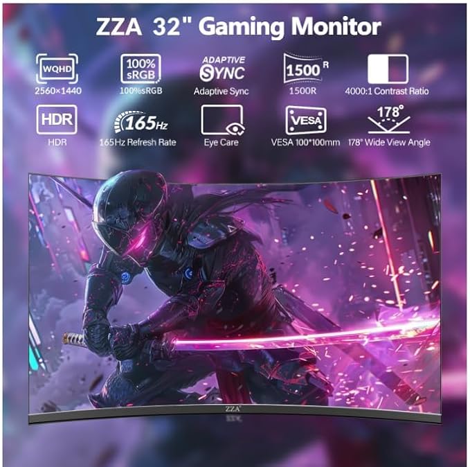 ZZA 32 Inch Monitor - 2K Resolution, 165Hz/180Hz,1440p Monitor, 1ms Response Time, FreeSync & G-Sync, HDR10, 122% sRGB Coverage, DP/HDMI,32 Inch Computer Monitor VESA Mount Compatible