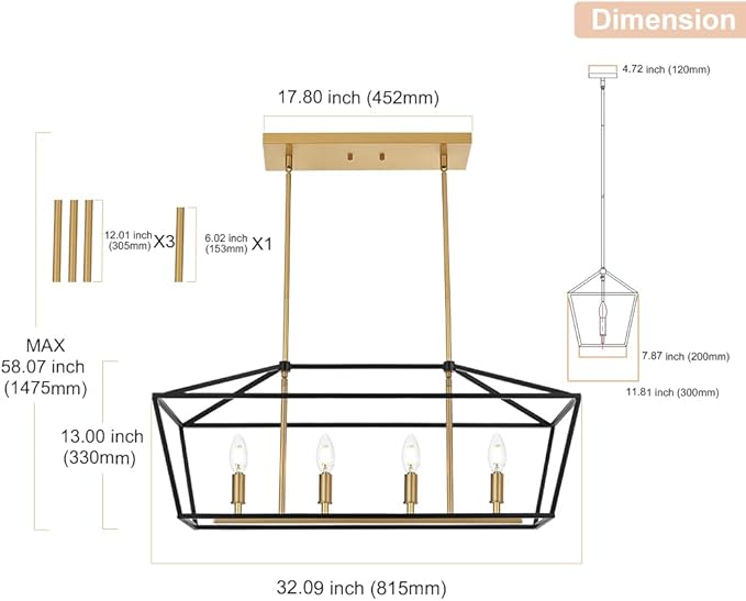 Kitchen Island Light 4-Light Linear Chandelier, Farmhouse Dining Room Pendant Lighting with Adjustable Height, Ceiling Lights Hanging Over Table