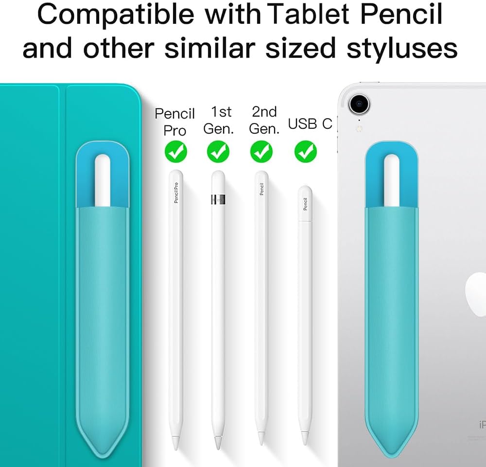 MoKo Pencil Holder Sticker Fit Apple Pencil Pro, Apple Pencil (USB-C), Apple Pencil 1st/2nd Generation, Elastic Pencil Pocket Pouch Adhesive Sleeve Attached to iPad Case for Stylus Pens, Cyan Blue