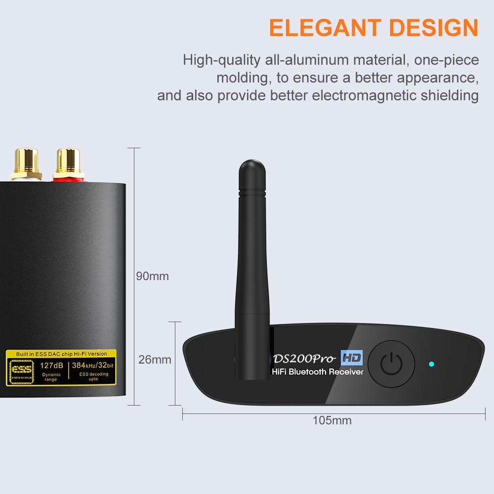 1Mii HiFi Bluetooth 5.3 Music Receiver for Home Stereo with LDAC, Bluetooth Audio Adapter with Audiophile DAC aptX HD, RCA Optical Output for AV Receiver or Stereo Amplifier - DS200Pro