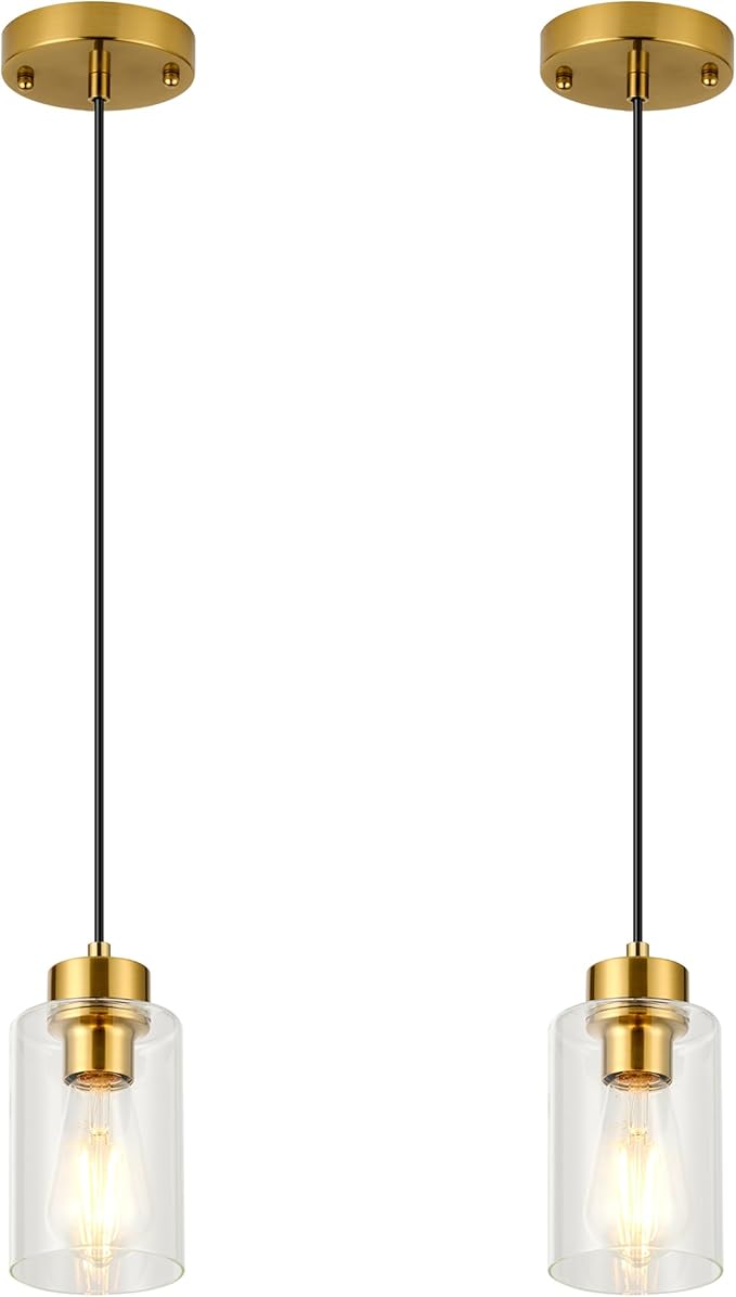 Pendant Lights Kitchen Island, Brushed Brass Pendant Light Fixtures with E26 Base & Adjustable Cable, Modern Pendant Lighting with Glass Shade for Living Room Bedroom Hallway, 2 Packs