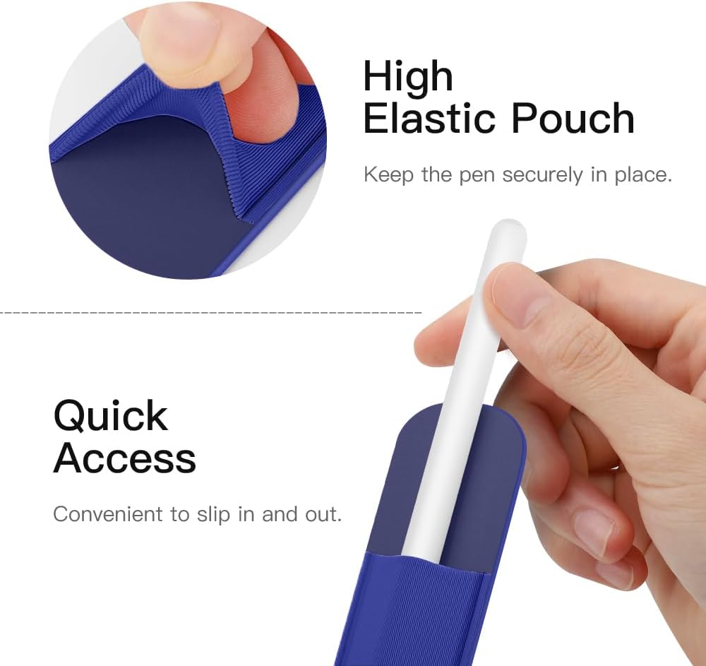 MoKo Pencil Holder Sticker Fit Apple Pencil Pro, Apple Pencil (USB-C), Apple Pencil 1st/2nd Generation, Elastic Pencil Pocket Pouch Adhesive Sleeve Attached to iPad Case for Stylus Pens, Navy Blue
