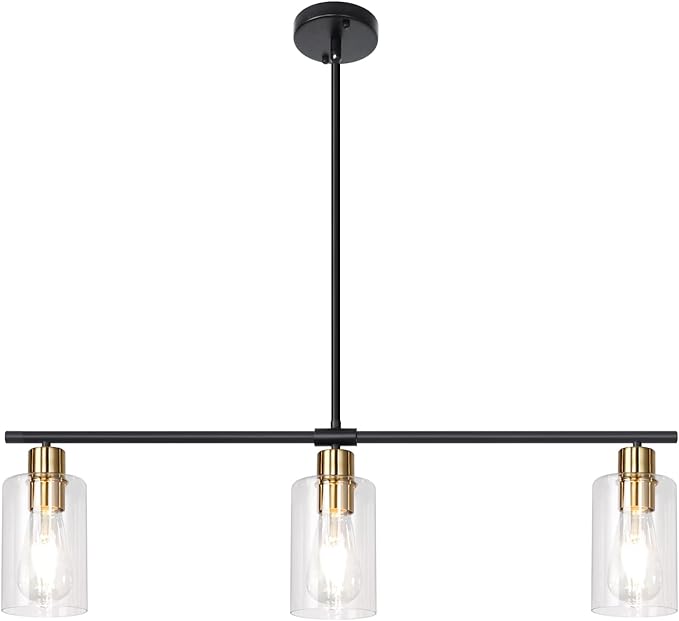 Kitchen Island Lighting, 3 Lights Linear Farmhouse Chandelier, Black and Gold Dining Room Light Fixture with Glass Shades, Modern Industrial Pendant Lights