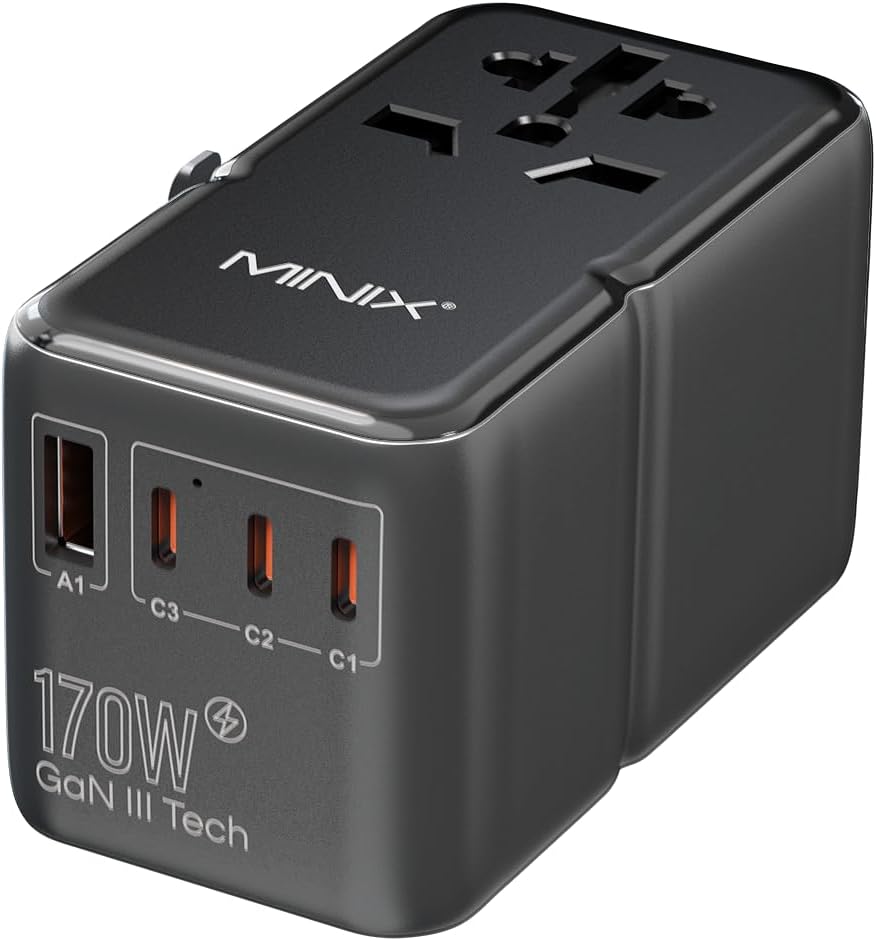 MINIX 170W Universal Travel Adapter GaN III Travel Adapter Worldwide with 3 USB-C & 1 USB-A Ports, International Power Adapter Compatible with US/UK/EU/AU for Laptops, Tablets, Phones, Cameras