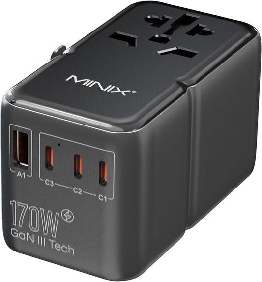 MINIX 170W Universal Travel Adapter GaN III Travel Adapter Worldwide with 3 USB-C & 1 USB-A Ports, International Power Adapter Compatible with US/UK/EU/AU for Laptops, Tablets, Phones, Cameras