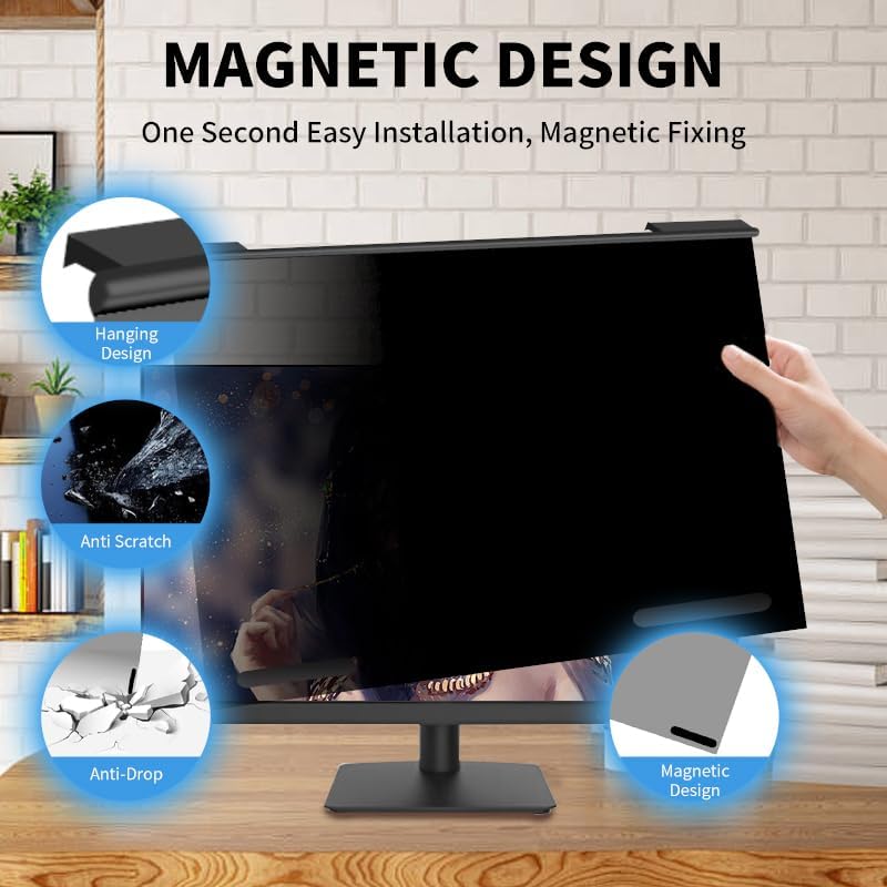 Magnetic Hanging Computer Privacy Screen Filter for 19.5 Inch, Removable Aluminum Alloy Privacy Shield for 16:9 Widescreen Monitor, Eye Protection Blue Light Filter