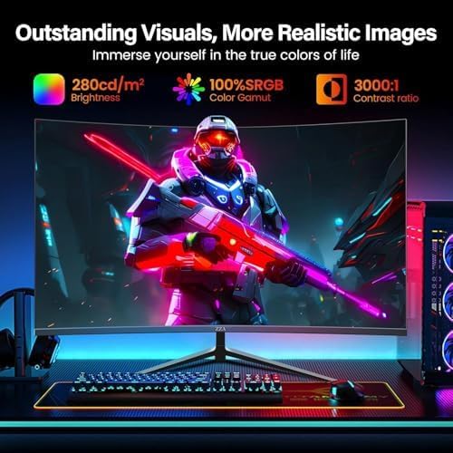 ZZA 27 Inch Curved Gaming Monitor 200Hz|180Hz /144HZ 1ms FHD 1080P Computer Monitor FreeSync|1500R|130% sRGB|HDR|Low Blue Light|HDMI DP Ports|VESA Mount|Metal Stand
