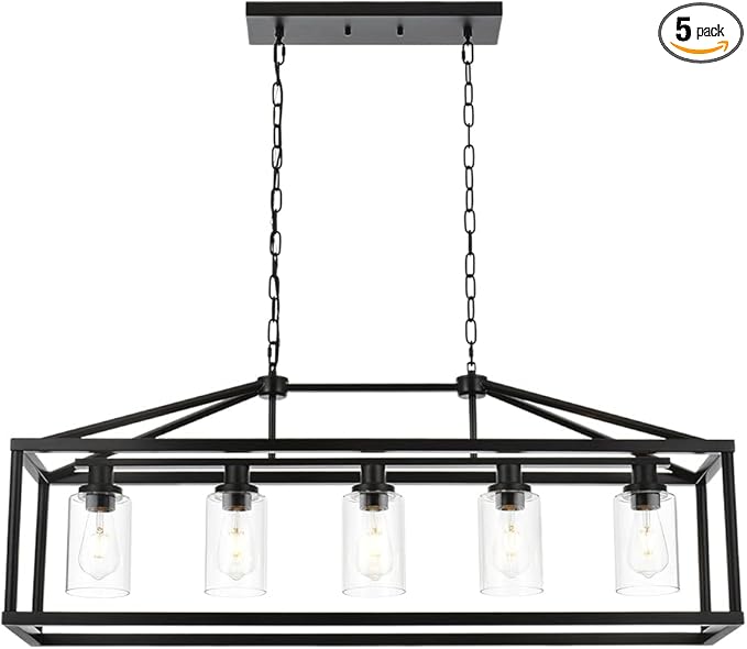 BONLICHT Kitchen Island Lighting 5 Light Modern Farmhouse Metal Cage Chandeliers with Clear Glass Shade Black Industrial Rectangle Dining Room Light Fixture Hanging Pendant Lamp for Foyer Bar Entryway