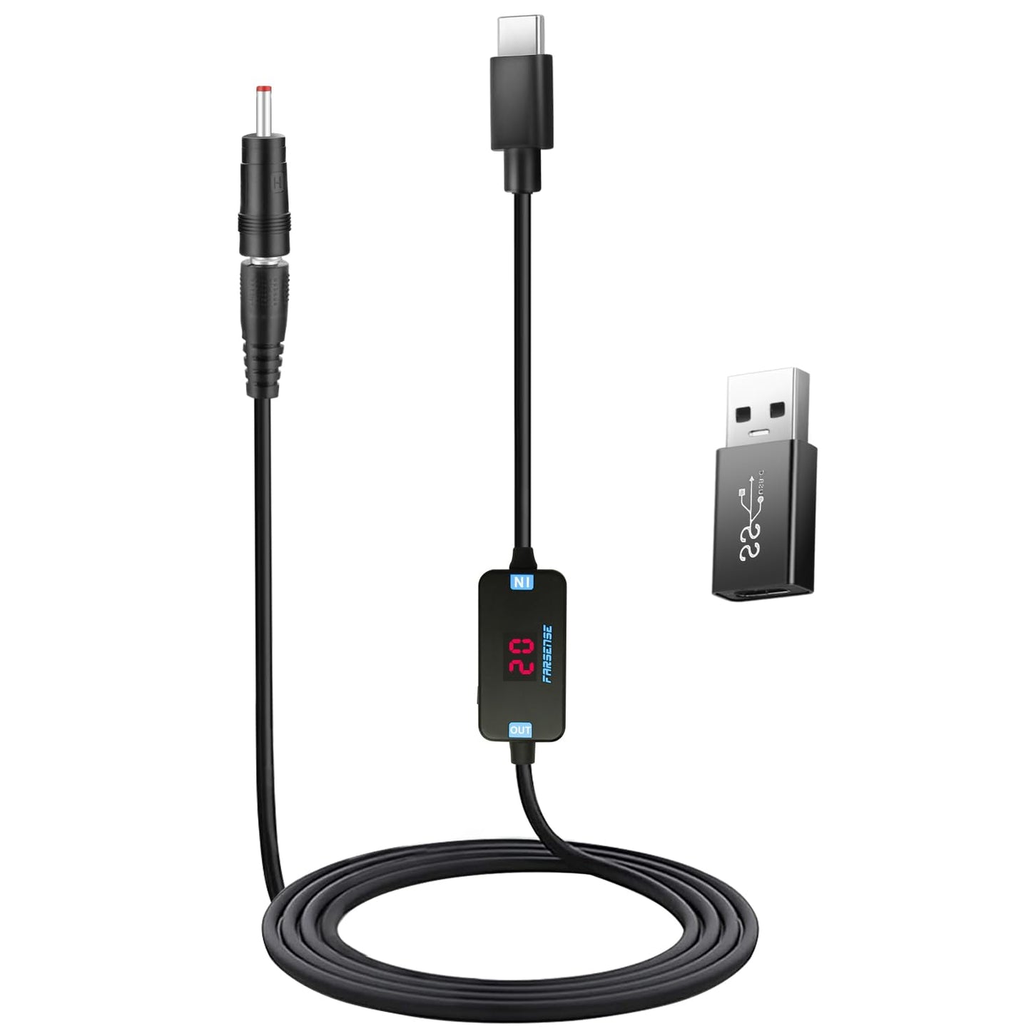 FARSENSE USB C to DC Adapter,Barrel PD Trigger Cable(3.3ft) with USB A to USB C Tips/3.5x1.35mm Tips,USB to DC Power Cable can Switching and LED Display Voltage