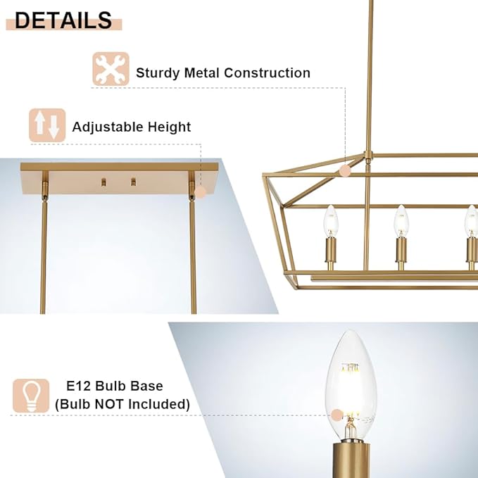 4-Lights Golden Pendant Light Fixtures, Modern Lantern Linear Chandelier with Adjustable Height, Dining Room Ceiling Lighting Hanging for Over Table