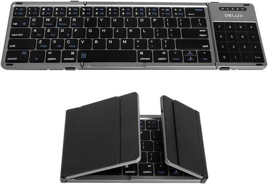 DeLUX Foldable Keyboard with Touchpad and Numeric Keypad, 2.4G Wireless and Bluetooth, Rechargeable Portable Travel Folding Keyboard with PU Leather, for iOS Android Windows Tablet (KF18)