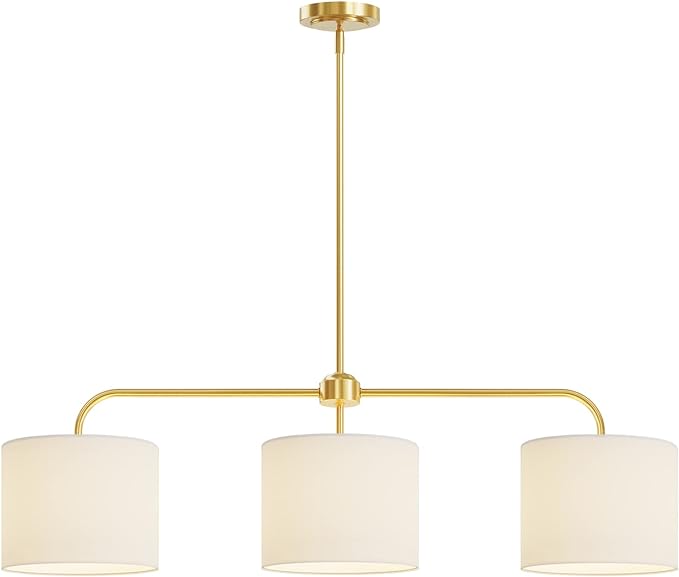 3-Light White Linen Drum Shade Chandelier with Polished Gold Metal Linear Pendant Light Fixture for Kitchen Island, Dining Table, E26, 180W