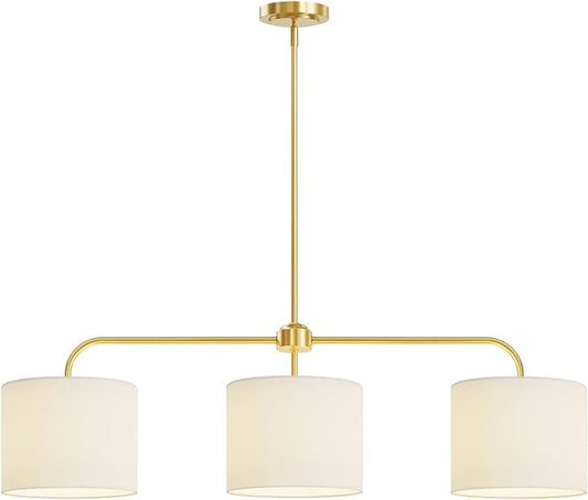 3-Light White Linen Drum Shade Chandelier with Polished Gold Metal Linear Pendant Light Fixture for Kitchen Island, Dining Table, E26, 180W